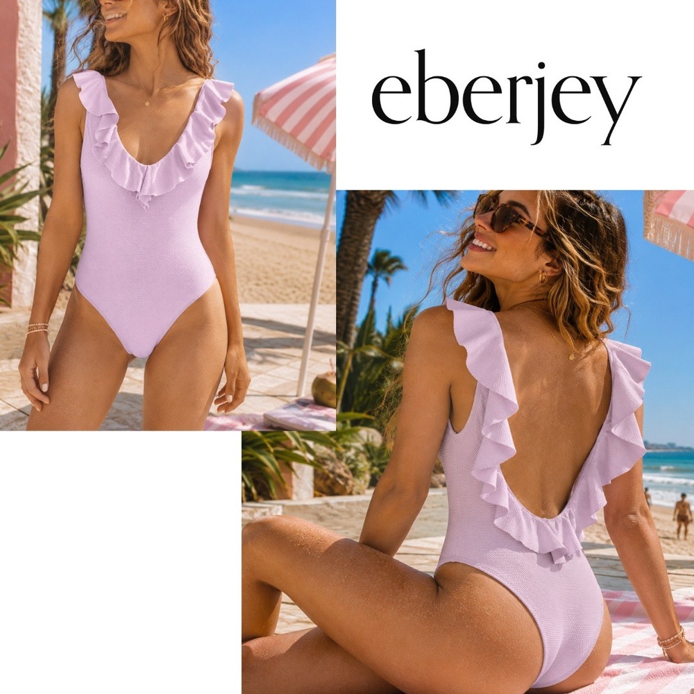 Eberjey, Loreta Pique Lilac Textured Ruffle Scoop One Piece Swimsuit Size XS